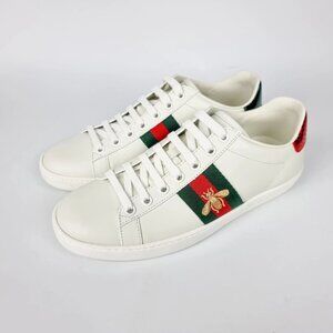 Gucci White Leather Sneakers with Green and Red Web and Gold Bee